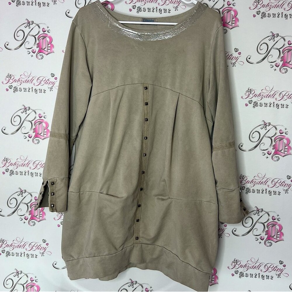 Elissia sweater pull over soft Taupe Long Sleeve Tunic with Button Details shiny
